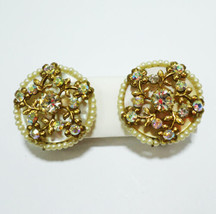 Super Cute Vintage Clip On Earrings Gold Flowers Rhinestones MOP Base - $12.86