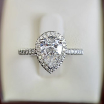 Halo Engagement Ring 2.55Ct Pear Cut Diamond Solid 14k White Gold in Size 7.5 - £187.64 GBP