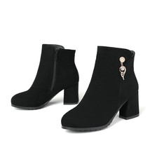 QUTAA 2021 Metal Decoration Scrub Fashion Short Boots Round Toe Winter Women Sho - £63.25 GBP