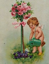 Valentine Postcard Cupid Gardening Plants Pink Roses Gabriel Series 408 Germany - £10.47 GBP