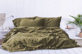 Olive Green Stonewashed Cotton Duvet Cover King Queen Single Size Revers... - £26.97 GBP+