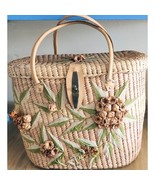 Vintage Straw Wicker Raffia Mexico Tote Bag Purse Boho Woven Embroidered - $31.49