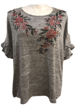 Soleillee 3X Gray w Sparkle Burgundy &amp; Peach Roses Floral Flutter Sleeve... - £20.85 GBP