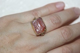 Fine 14K Yellow Gold Carved Carnelian Hieroglyph Sphinx Rectangle Ring Size 6 - £405.95 GBP