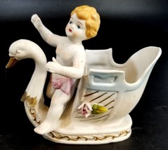 VINTAGE Bisque CHERUB Angel Riding Swan - Planter- Trinket Hand Painted - £23.38 GBP