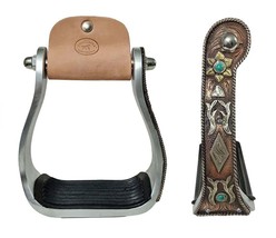 Western Copper Engraved Floral Turquoise Rhinestone Barrel Racing Aluminum - $59.39