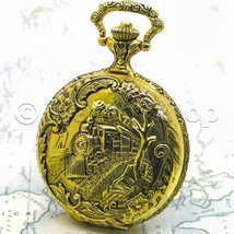 Gold Antique Mens Quartz Pocket Watch TRAIN design with Fob Chain Gift Box P163 - £16.14 GBP