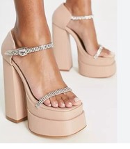 EGO Peggy platform heel sandals with embellished straps in beige (13) - $15.89