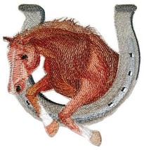 [Custom] Lucky Charm Horse with Horse Shoe [Brown Stallion] Embroidery Iron On/S - £15.29 GBP