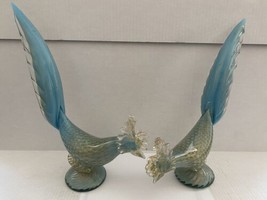 PAIR Sky Blue Gold Murano Art Glass Pheasant Peacock Birds Barbini AVEM Barovier - £541.79 GBP