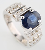 2.14 carat Blue Sapphire Solitaire and Diamond 14k White Gold Ring Size 7 - £1,635.98 GBP