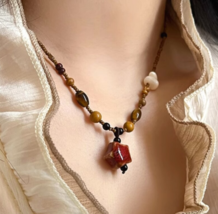 Vintage natural stone ceramic pentagram Pendant necklace,Handmade necklace - $24.00