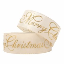 2.5&quot; x 50 Yards Wired Ivory Ribbon Merry Christmas Script Metallic Gold Glitter - £19.72 GBP