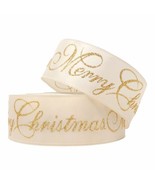 2.5&quot; x 50 Yards Wired Ivory Ribbon Merry Christmas Script Metallic Gold ... - £19.55 GBP