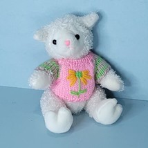 White Plush Easter Lamb Sheep Pink Flower Removable Sweater Stuffed Easter 9" - $19.79