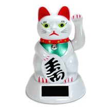 SOLAR POWER BECKONING CAT White Lucky Waving Kitty Maneki Neko Wealth Fo... - $10.95