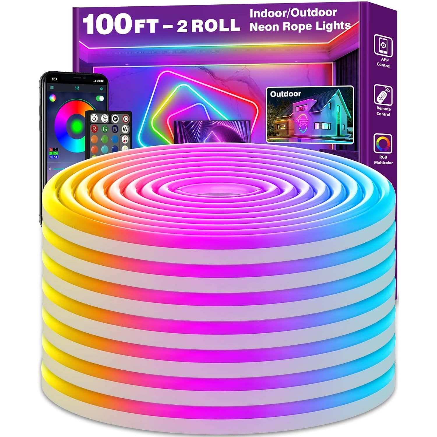 100Ft Rgb Rope Lights, App/Remote Control, Flexible Rope Lights, Multiple Modes,