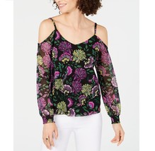 INC Womens Petite PS Black Pink Lotus Floral Smocked Cold Shoulder Top NWT CK50 - £24.55 GBP
