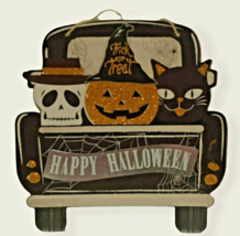 Halloween Truck Pumpkin Skull Cat Glitter Hanging Wall Door Sign Décor 11x11 - £4.72 GBP