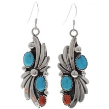 Native American Navajo Turquoise Red Coral Earrings Sterling Silver Dangles - £117.89 GBP