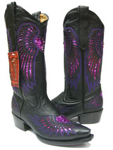 Womens Western Wear Boots Black Leather Fuchsia Sequins Heart Wings Size 5 - £64.19 GBP