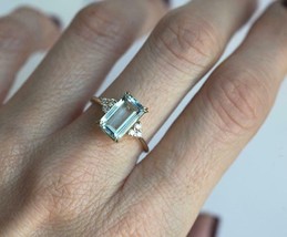 2Ct Emerald Cut Aquamarine 14k Yellow Gold Over Solitaire Diamond Wedding Ring - £72.10 GBP