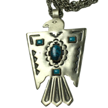 Vintage Thunderbird Nickel Silver Faux Turquoise Necklace Bell Trading Post 29&quot; - £39.07 GBP