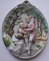 Vintage Ucagco Ceramic Wall Plaque with Raised Figures Victorian Era Dress - £14.95 GBP