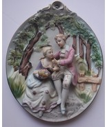 Vintage Ucagco Ceramic Wall Plaque with Raised Figures Victorian Era Dress - $25.51 CAD
