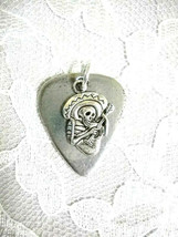 Musical Pewter Guitar Pick &amp; Mexican Skeleton Player Charm Pendant Adj Necklace - £9.64 GBP