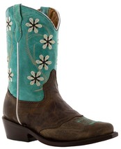 Girls Turquoise Brown Flower Embroidery Western Leather Cowgirl Boots Snip Toe - £41.75 GBP