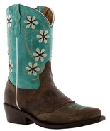 Girls Turquoise Brown Flower Embroidery Western Leather Cowgirl Boots Sn... - £42.11 GBP
