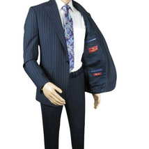 Men Suit BERLUSCONI Italian Wool 180's Pin Stripe One Button Peak UGS95-01 Navy image 4