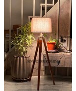 Wooden Tripod Floor Lamp Stand Without Shade and Bulb, Teak Wood And Chrome - £63.54 GBP