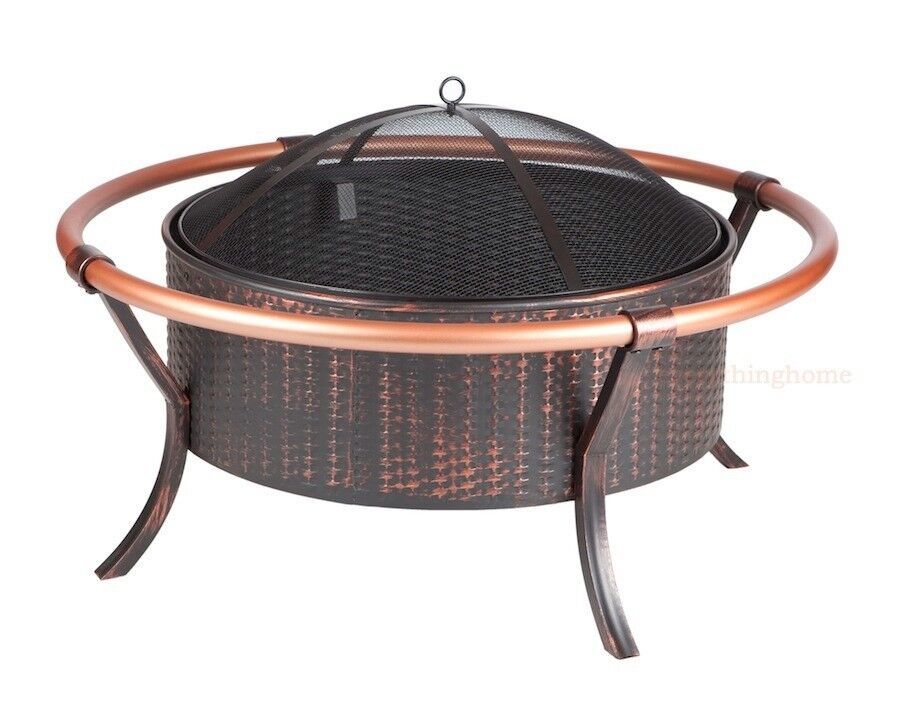 Wood Fire Pit 37" Copper Rail 27.5" Firebox Antiqued Bronze Painted Steel Weave - £159.39 GBP