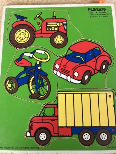 Primary image for Vintage PlaySkool Wooden Puzzle 4 Pieces 180-04 Things with Wheels Made USA 