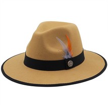 New Men’s Tan &amp; Black Fedora Wool Feather Dress Hat (Size 56-58CM) - £24.47 GBP