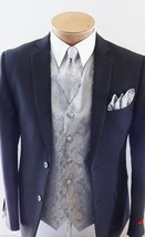 SILVER XS to 6XL Paisley  Dress Vest Waistcoat &amp; Neck tie Hanky for Tuxedo Suit - £20.11 GBP+