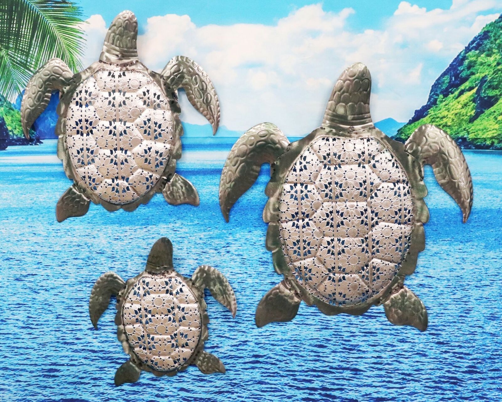 Galvanized Metal Marine Sea Turtles Wall Decor Plaque Set of 3 Assorted Sizes