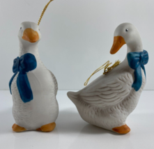 Vintage Lot of 2 Goose Geese 3.5 in Christmas Tree Ornaments White W/Blue Bow - £21.35 GBP