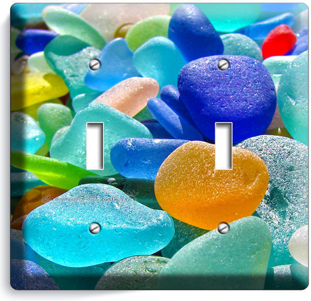 SEA BEACH GLASS SUMMER FUN DOUBLE LIGHT SWITCH WALL PLATE COVER BATHROOM DECOR