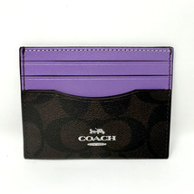 NWT Coach Slim Id Card Case In Signature Canvas &amp; Leather Brown Purple - £38.15 GBP
