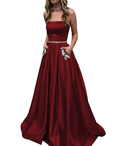 Kivary Beaded Belt Long Satin Formal Prom Evening Dresses with Pockets Burgundy