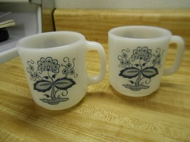 glasbake mugs white with navy blue design 2 ct  old glasbake mugs heat resistant - £11.35 GBP