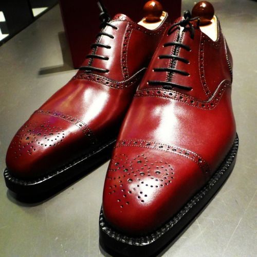 Men's Burgundy Brogue Cap Toe Oxford Laces Real Leather Handmade Classic Shoes