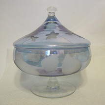 Glass Lidded Compote Blue Purple Clear Etched And Frosted 7 Inches Tall AS IS - £36.18 GBP