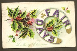 Fair Days Horseshoe and Holly Antique Christmas Postcard Dec 25th 1909 Cancel - £3.13 GBP