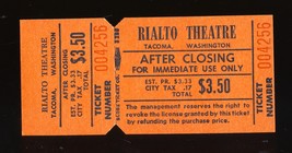 Vintage $3.50 RIALTO THEATRE TICKET, Tacoma, Washington/WA, 1960&#39;s? - $3.00