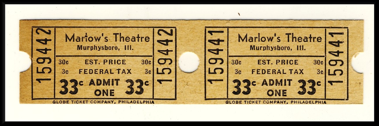 2-.33 Cent Marlow&#39;s Theatre Tickets, Murphysboro, Illinois/IL, 1950&#39;s? - $2.95