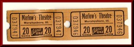 2-.20 Cent Marlow&#39;s Theatre Tickets, Murphysboro, Illinois/IL, 1950&#39;s? - $3.95